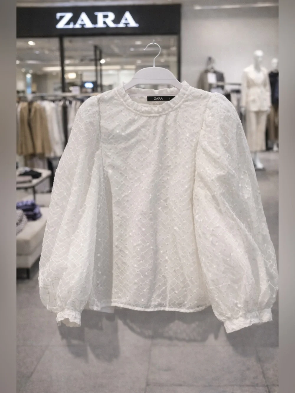 Zara White Embroidered Puff Sleeve Textured Blouse Size S